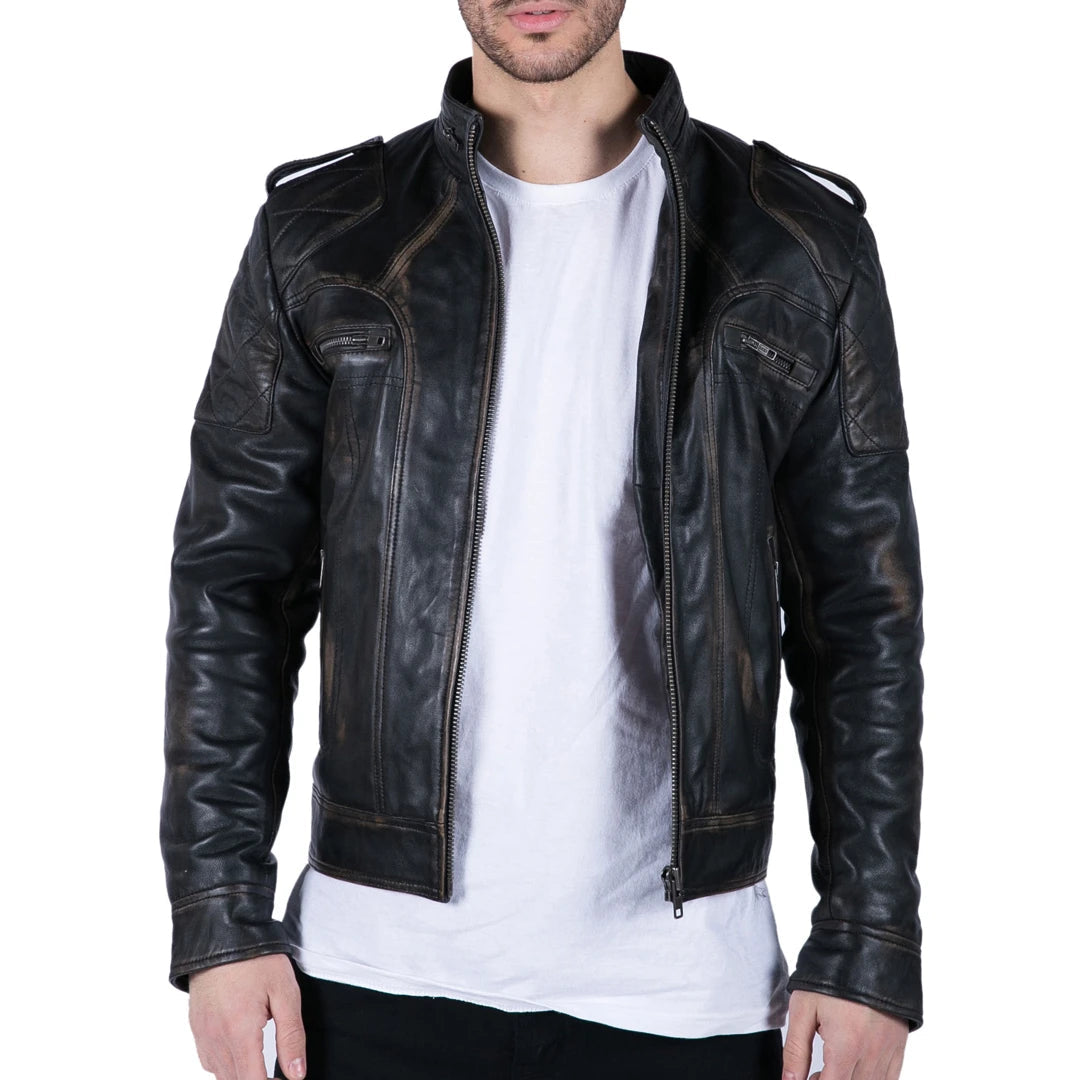 Mens Retro Real Leather Black Brown Washed Racer Jacket Biker Zipped Slim-TruClothing