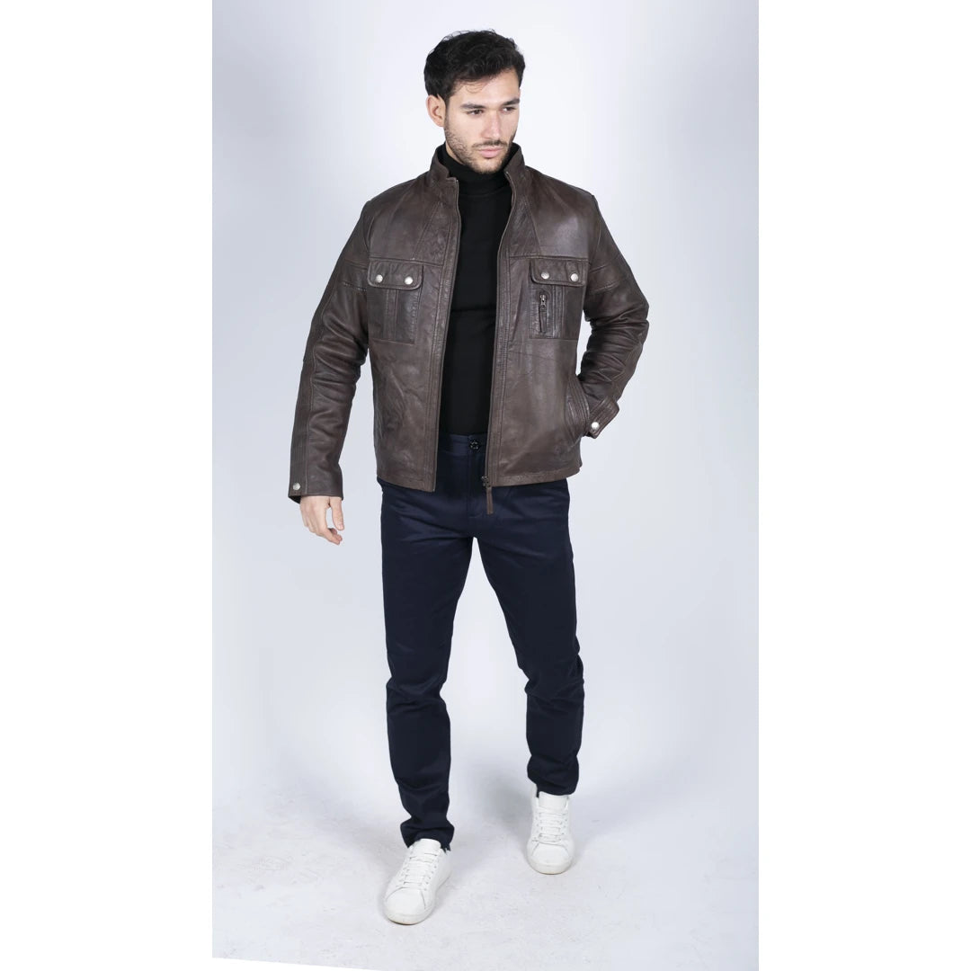 Mens Retro Real Leather Jacket Smart Casual High Collar Brown Vintage Look-TruClothing