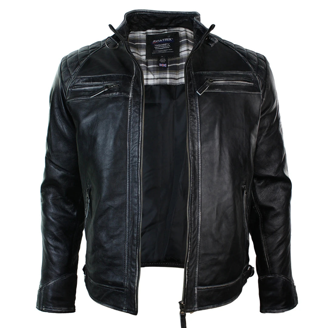 Mens Retro Style Zipped Biker Jacket Real Leather Soft Black Casual-TruClothing