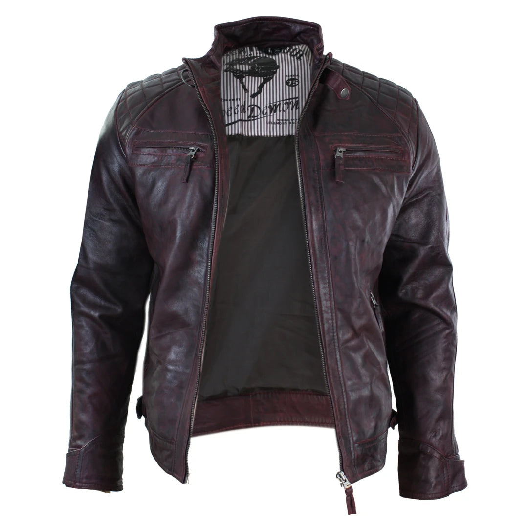 Mens Retro Style Zipped Biker Jacket Real Leather Soft Black Casual-TruClothing