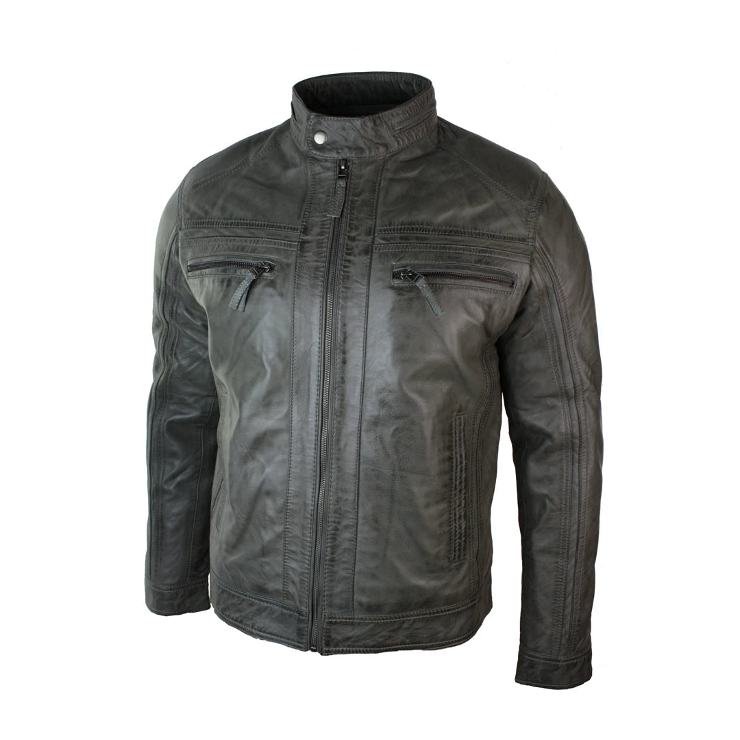 Mens Retro Style Zipped Biker Jacket Real Leather Soft Grey Vintage Smart Casual-TruClothing