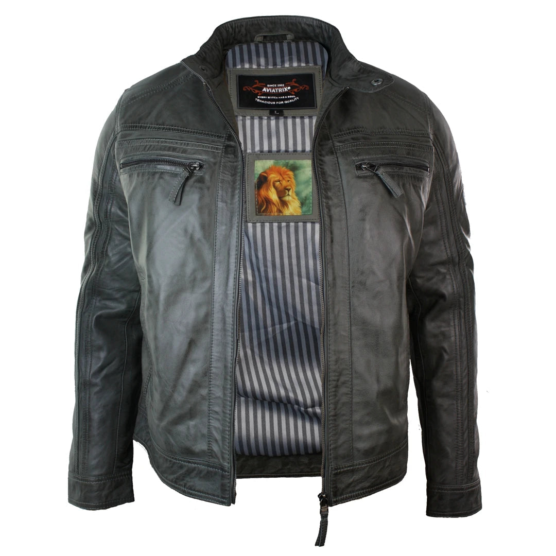 Mens Retro Style Zipped Biker Jacket Real Leather Soft Grey Vintage Smart Casual-TruClothing