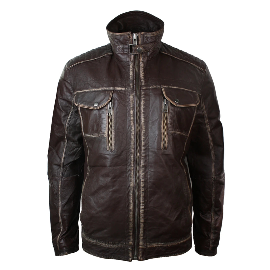Mens Retro Vintage Distressed Jacket Real Washed Leather Brown Black Rub Off-TruClothing