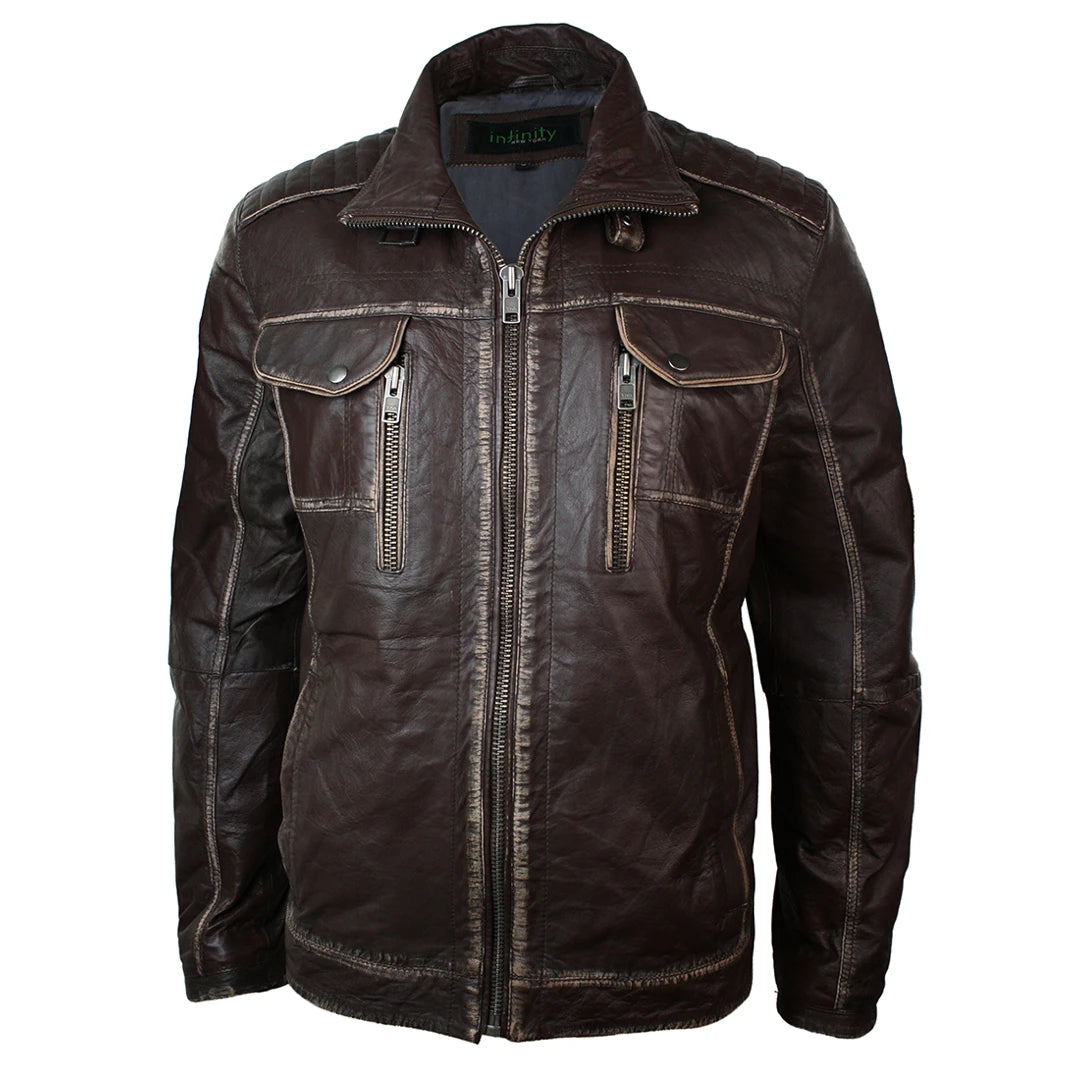 Mens Retro Vintage Distressed Jacket Real Washed Leather Brown Black Rub Off-TruClothing
