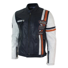 Mens Retro Vintage Navy Blue White Real Leather Biker Jacket Badge Design Casual-TruClothing