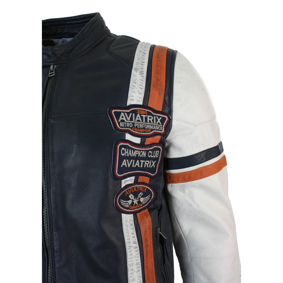 Mens Retro Vintage Navy Blue White Real Leather Biker Jacket Badge Design Casual-TruClothing