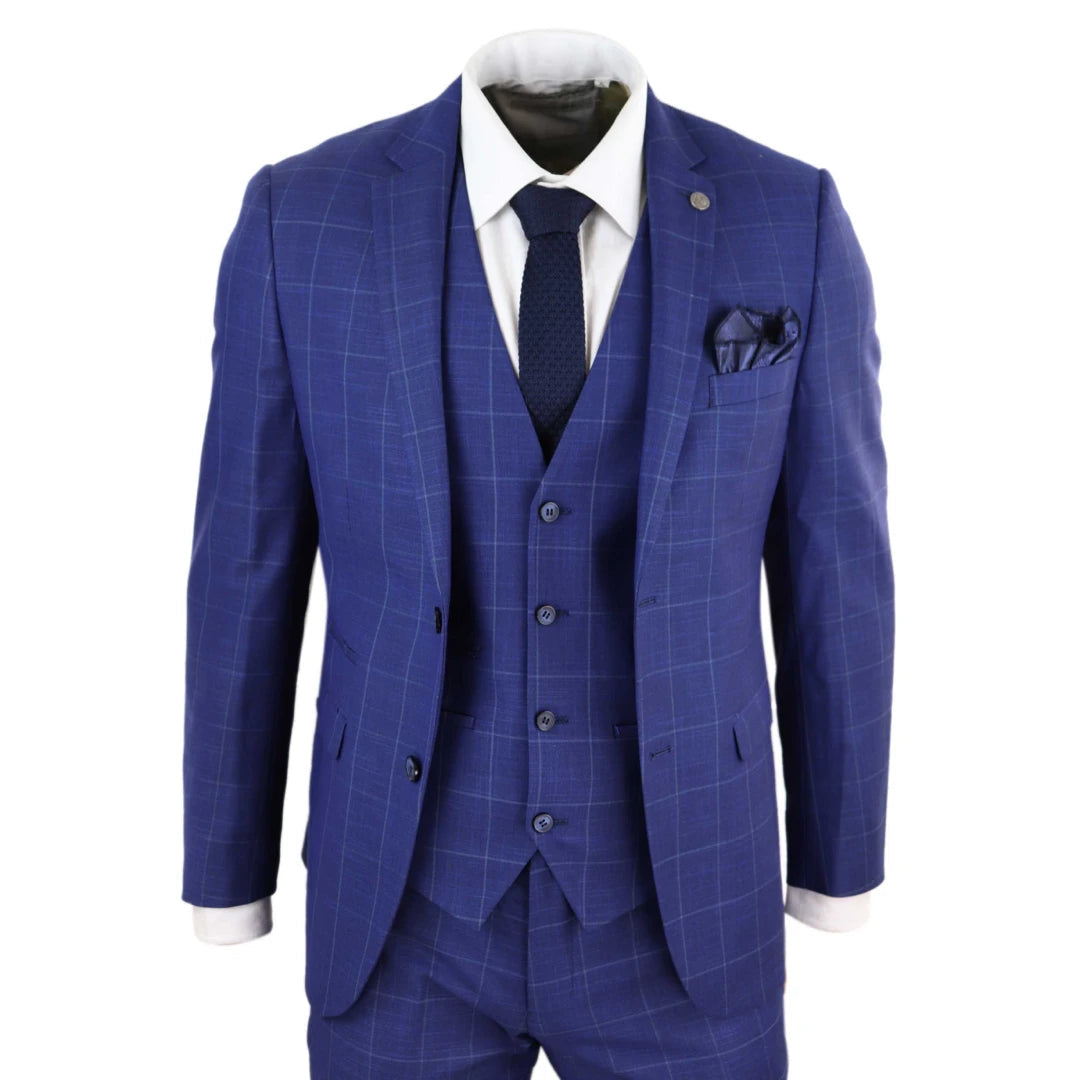 Mens Royal Blue 3 Piece Check Suit - Paul Andrew Rover-TruClothing