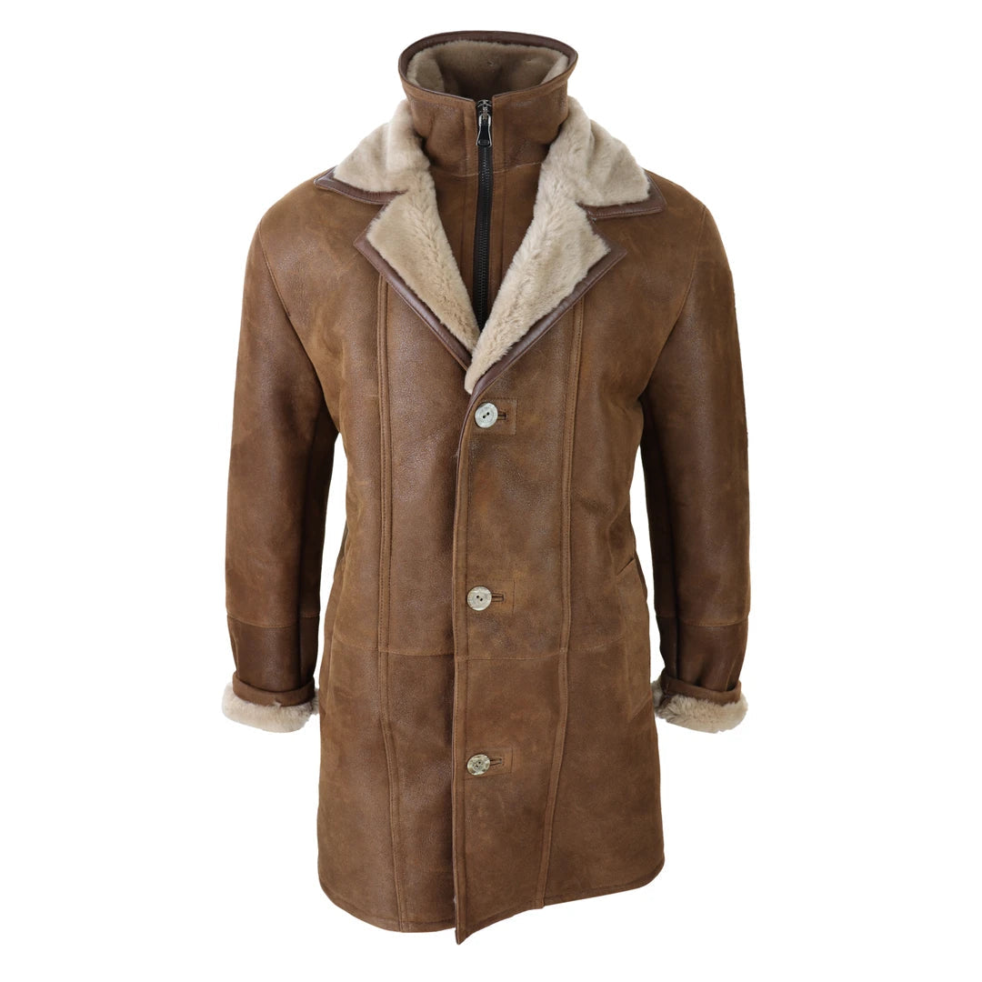 Mens three quarter length shearling coat discount