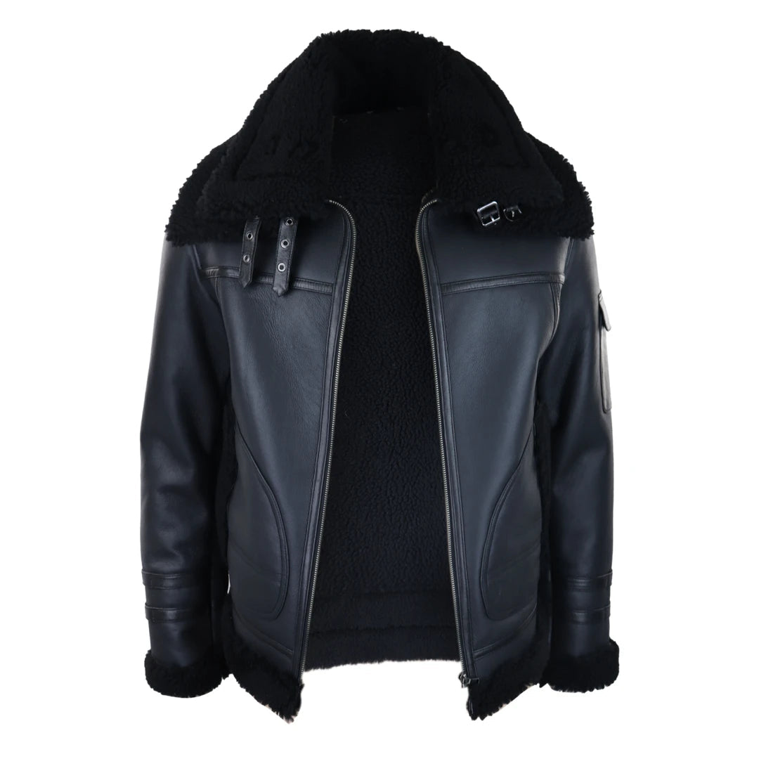 Mens Shearling Sheepskin Coat Zipped Flying Jacket Black Winter Warm Fur-TruClothing