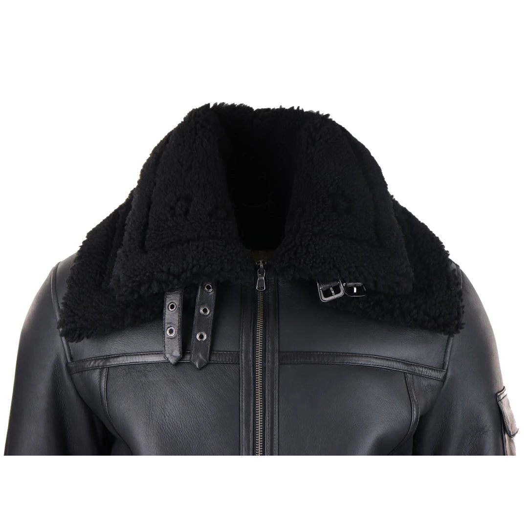 Mens Shearling Sheepskin Coat Zipped Flying Jacket Black Winter Warm Fur-TruClothing