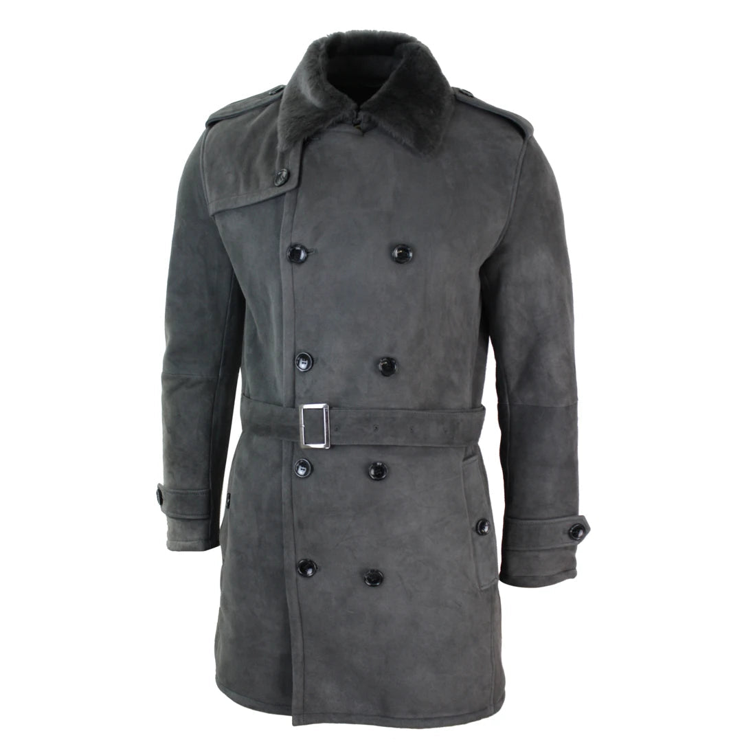 Mens Sherling Sheepskin Black Grey Double Breasted Belted Crombi 3/4 Overcoat-TruClothing