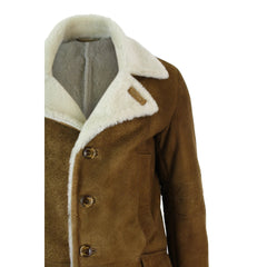 Mens Sherling Sheepskin Tan Brown Crombi 3/4 Overcoat Vintage Retro Winter Warm-TruClothing