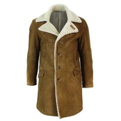 Mens Sherling Sheepskin Tan Brown Crombi 3/4 Overcoat Vintage Retro Winter Warm-TruClothing