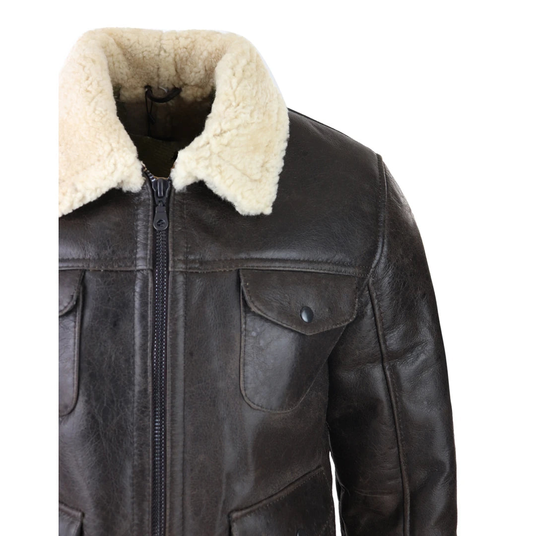 Mens Sherling Sheepsking Jacket Genuine Brown Military Warm Winter Brown Cream-TruClothing
