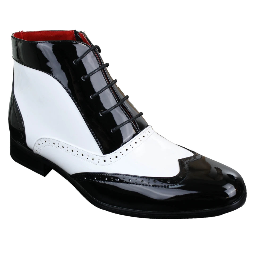 Men s Shiny Patent Brogues Ankle Shoes White Black TruClothing