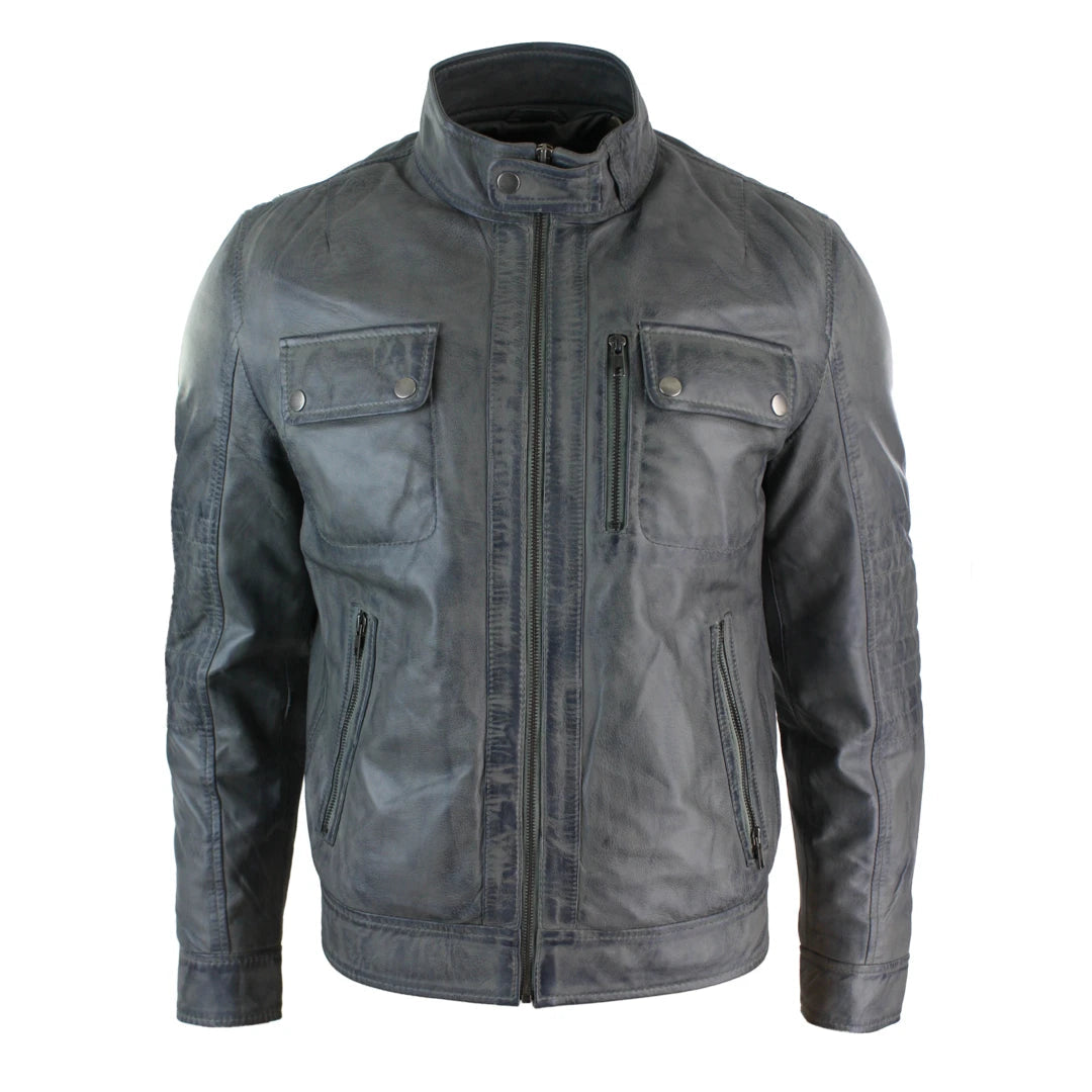 Mens Short Blue Grey Zipped Biker Style Washed Real Leather Vintage Jacket-TruClothing