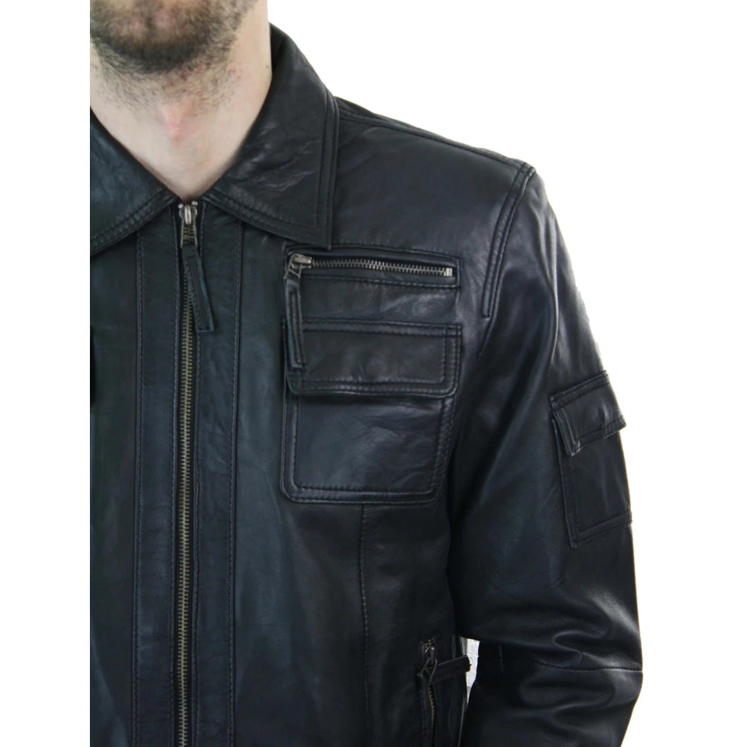 Mens Short Box Real Leather Jacket Black Vintage Slim Fit Retro Zipped Casual-TruClothing