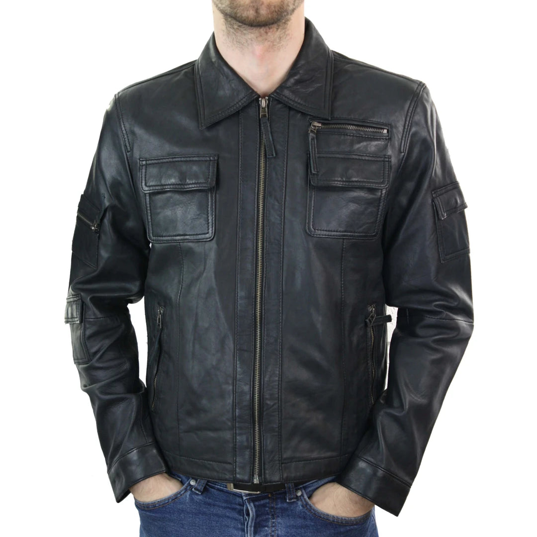 Mens Short Box Real Leather Jacket Black Vintage Slim Fit Retro Zipped Casual-TruClothing