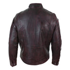 Mens Short Zipped Casual Wine Burgundy Real Leather Retro Biker Jacket Washed Vintage-TruClothing