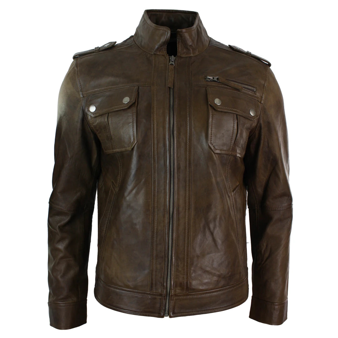 Mens Short Zipped Military Army Style Real Leather Jacket Black Brown-TruClothing
