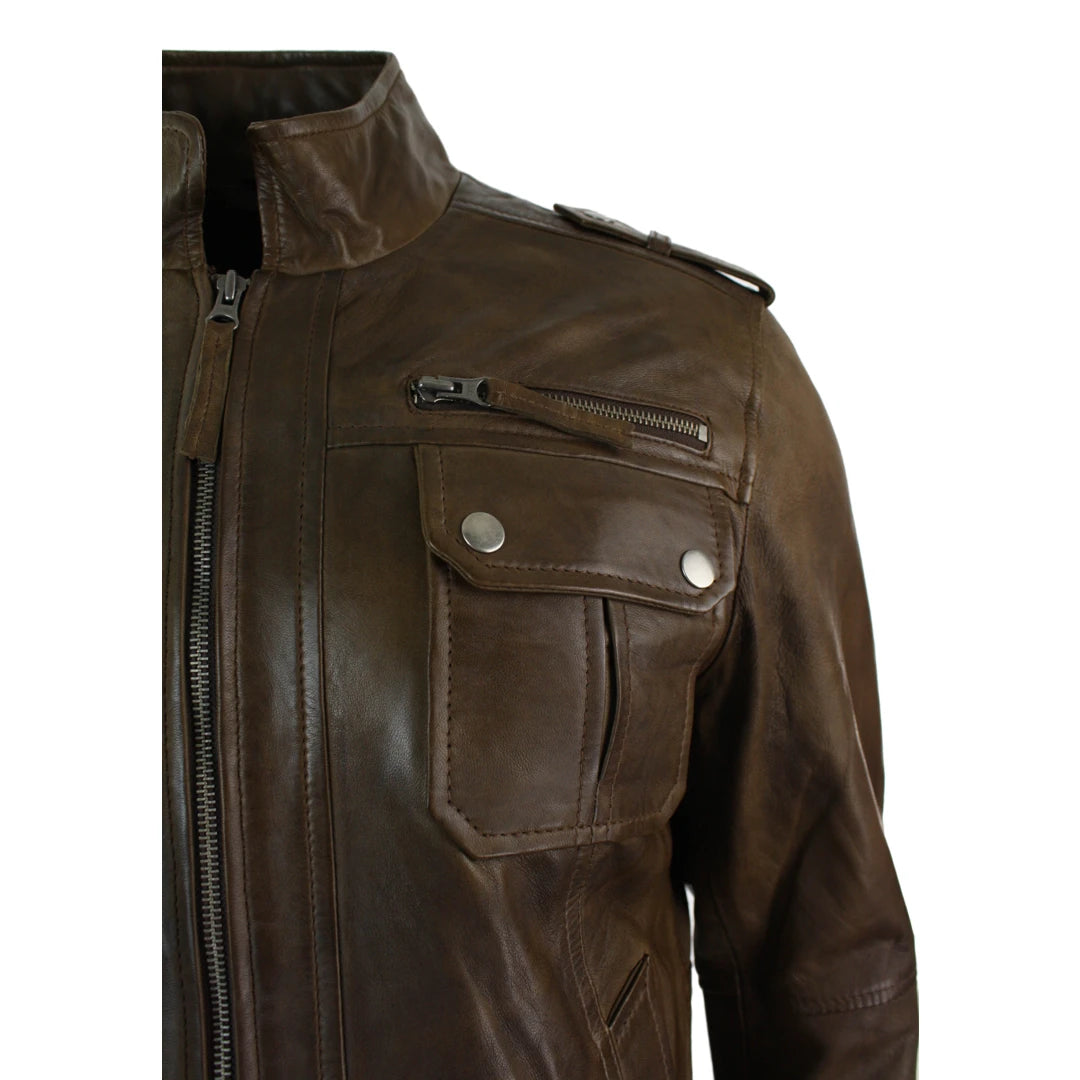 Mens Short Zipped Military Army Style Real Leather Jacket Black Brown-TruClothing