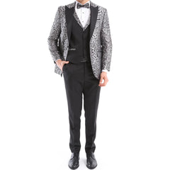 Mens Silver Floral Black Tuxedo Suit 3 Piece Wedding Prom Party Grooms Ceremony-TruClothing