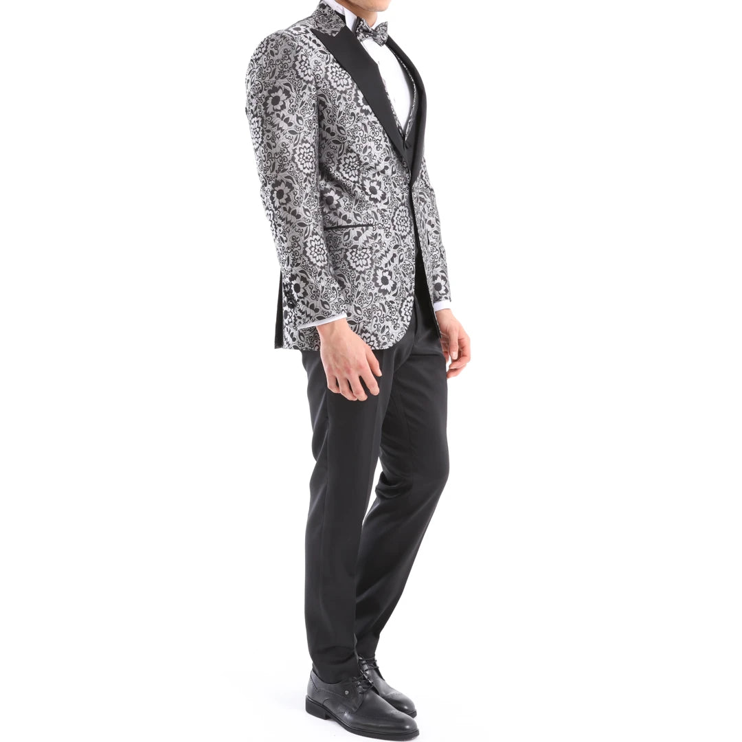 Men's Silver Floral Black 3 Piece Wedding Tuxedo – TruClothing