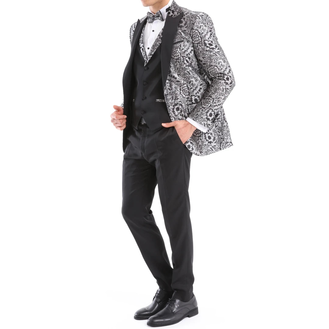 Mens Silver Floral Black Tuxedo Suit 3 Piece Wedding Prom Party Grooms Ceremony-TruClothing