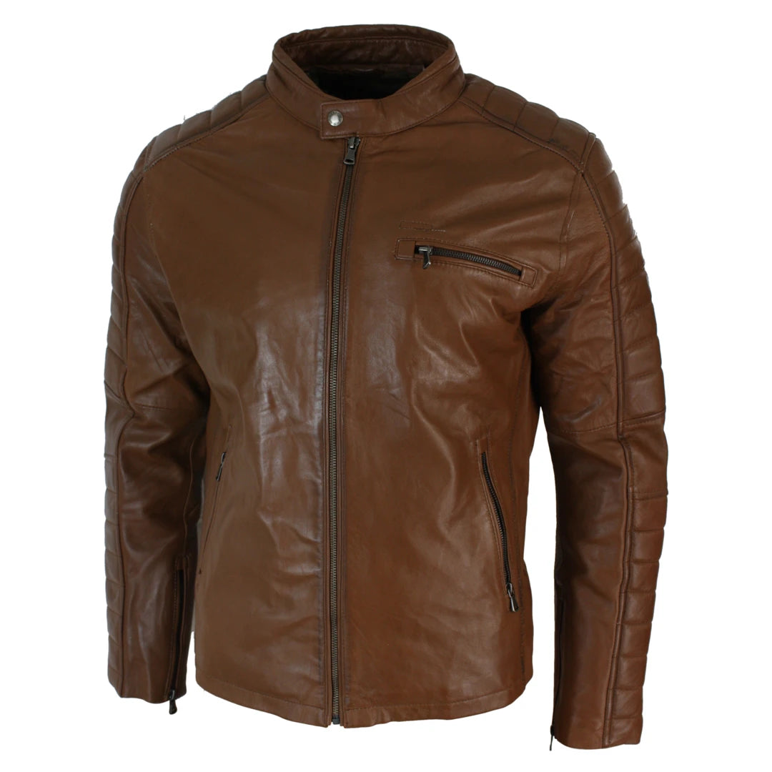 Mens Slim Fit Black Tan Brown Real Leather Biker Jacket Zipped Vintage Retro-TruClothing