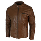 Mens Slim Fit Black Tan Brown Real Leather Biker Jacket Zipped Vintage Retro-TruClothing