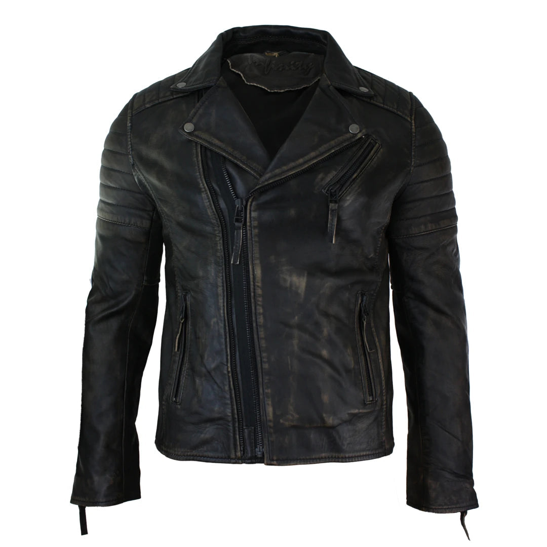 Mens Slim Fit Cross Zip Retro Vintage Brando Real Leather Jacket Vintage Biker-TruClothing