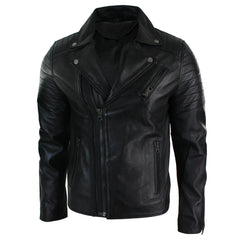 Mens Slim Fit Cross Zip Retro Vintage Brando Real Leather Jacket Vintage Biker-TruClothing