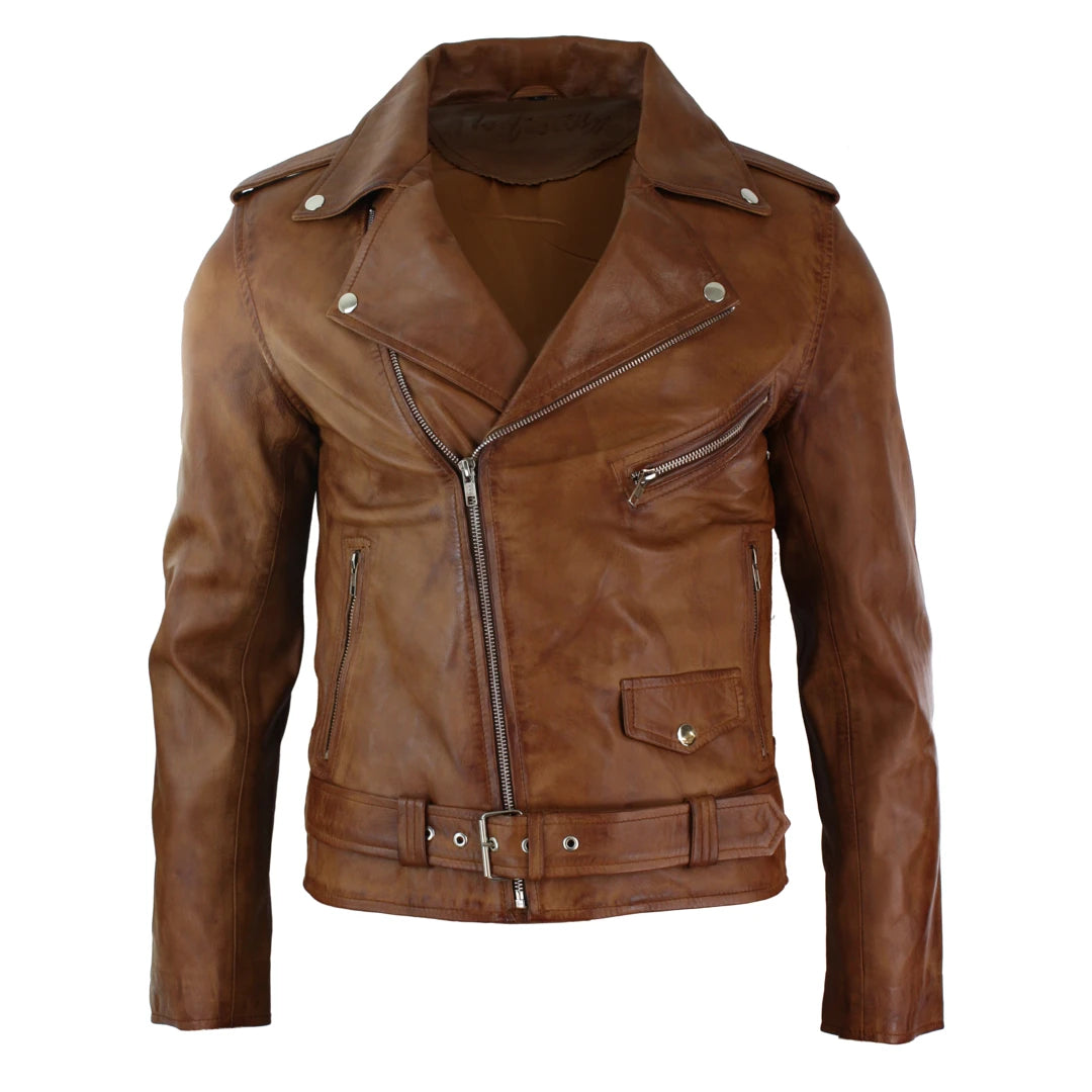 Mens Slim Fit Cross Zip Retro Vintage Brando Real Leather Jacket Vintage-TruClothing