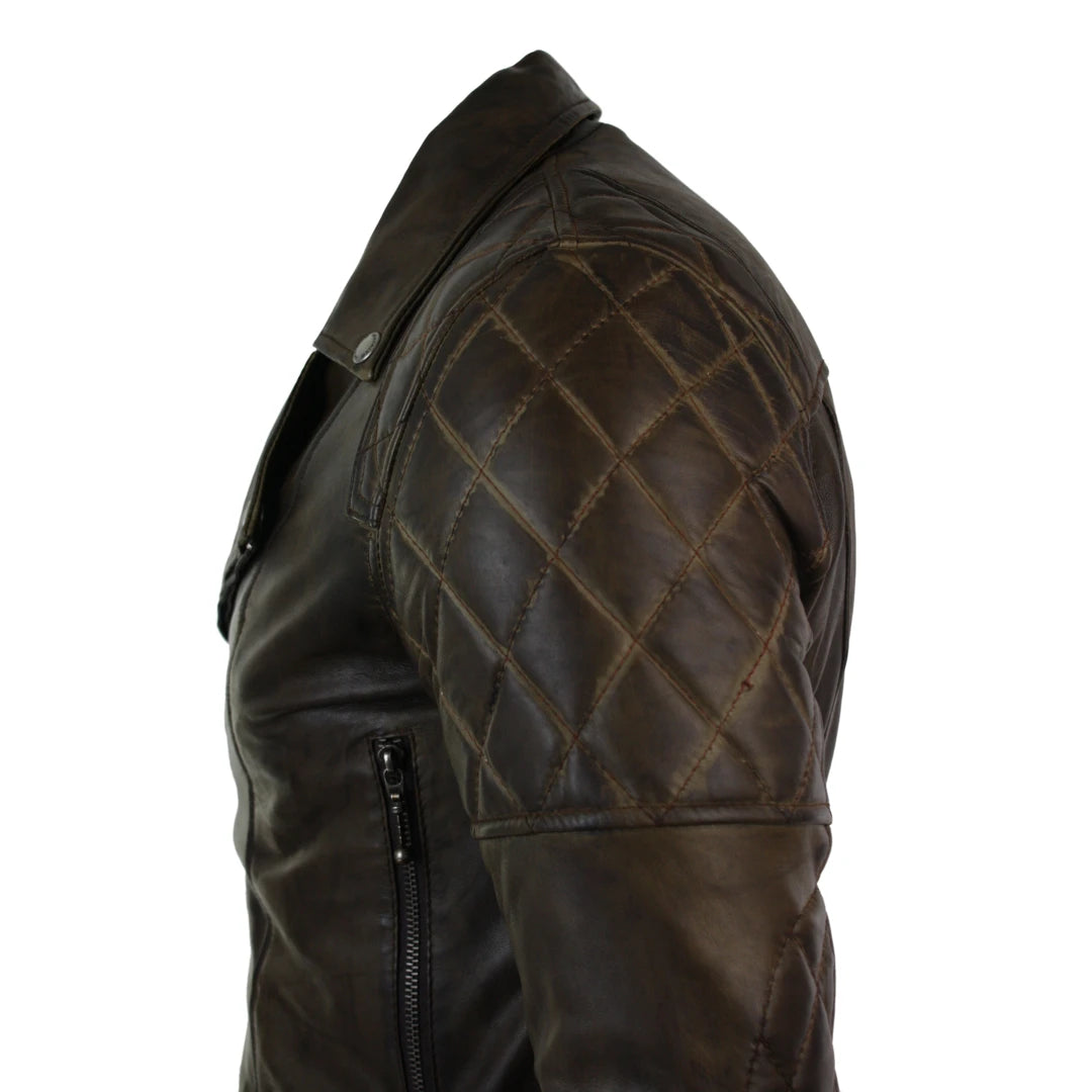 Mens Slim Fit Cross Zip Retro Vintage Brown Biker Punk Rock Real Leather Jacket-TruClothing