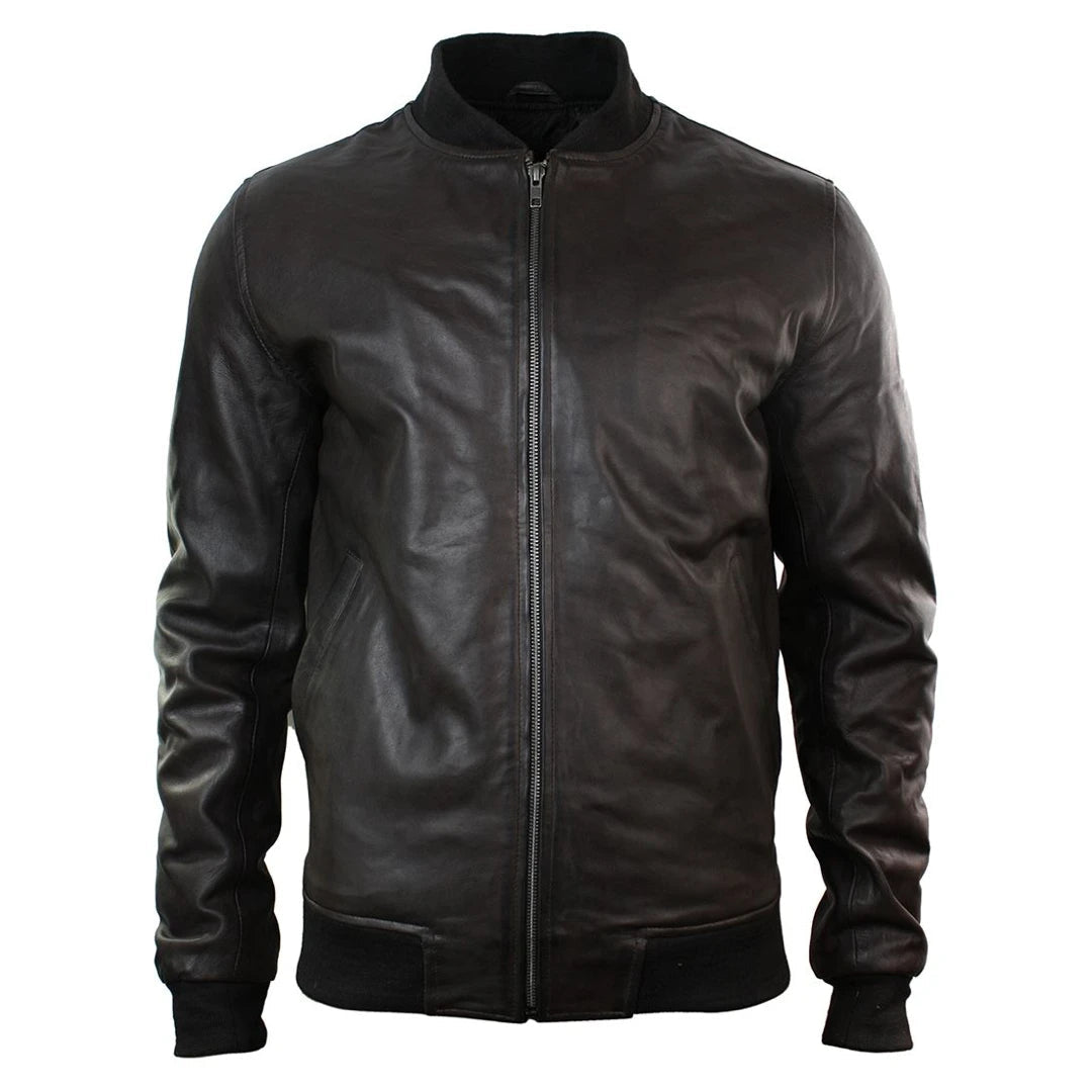 Mens Slim Fit Real Leather Black Varsity Bomber Jacket Classic Retro Black Brown-TruClothing