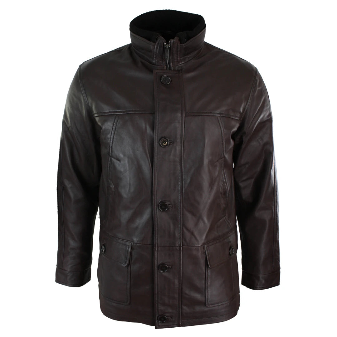 Mens Slim Fit Real Leather Safari Military Army Hunting Jacket Black Brown-TruClothing