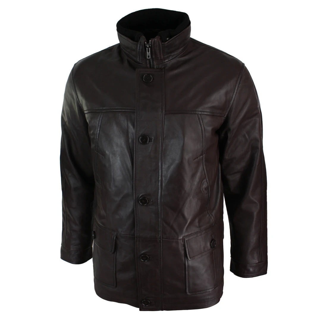 Mens Slim Fit Real Leather Safari Military Army Hunting Jacket Black Brown-TruClothing