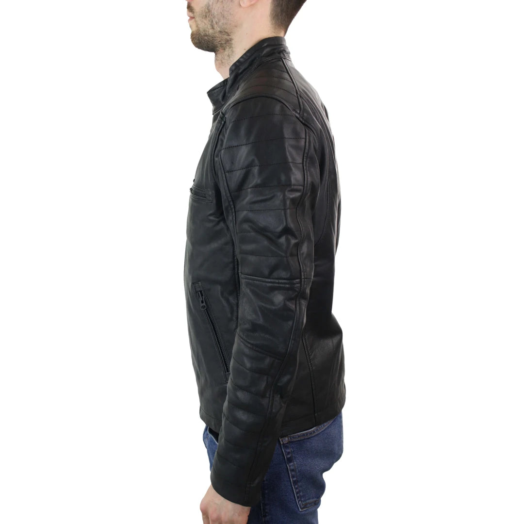 Mens Slim Fit Retro Style Zipped Biker Jacket Real Washed Leather Black Urban-TruClothing