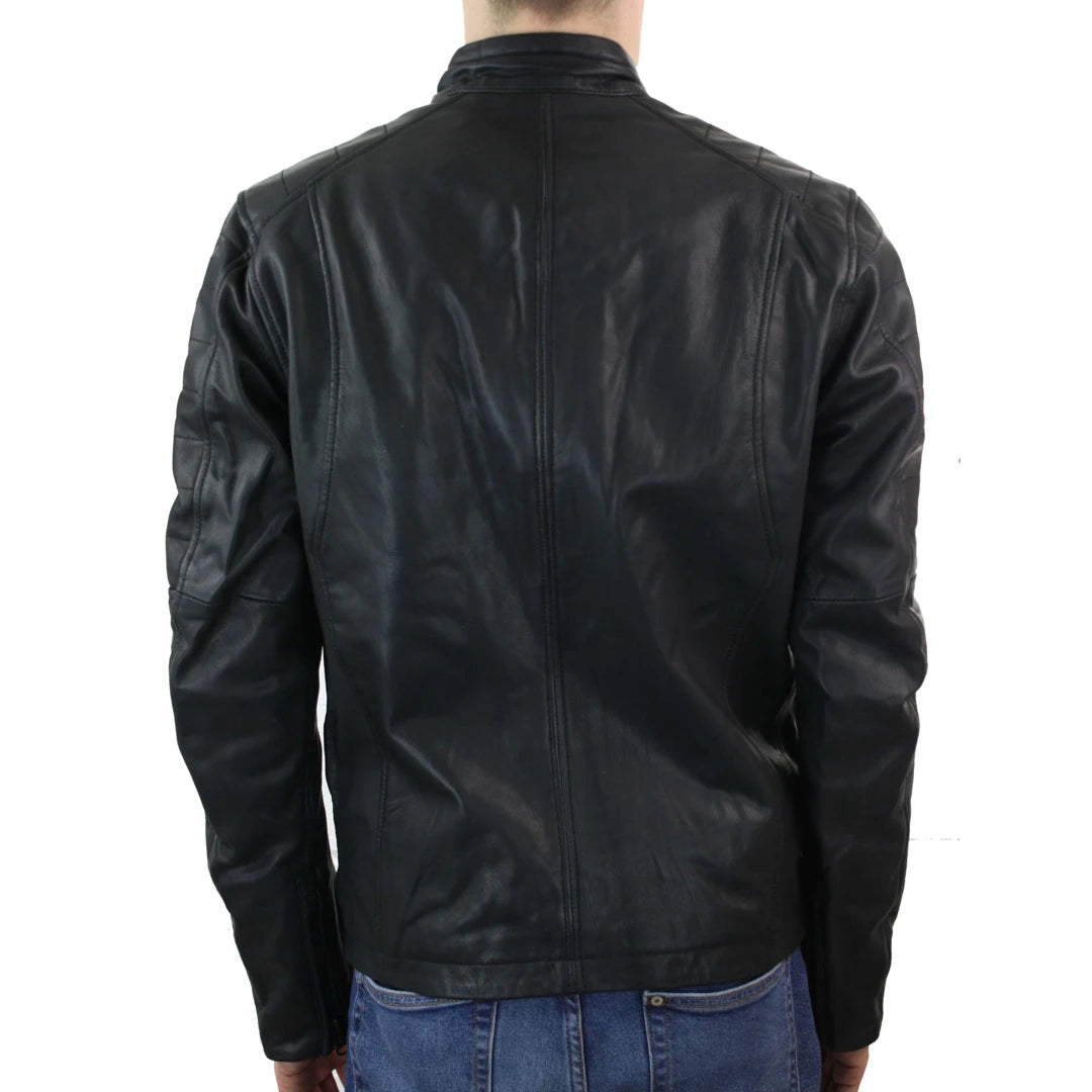 Mens Slim Fit Retro Style Zipped Biker Jacket Real Washed Leather Black Urban-TruClothing