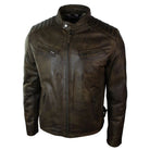 Mens Slim Fit Retro Style Zipped Biker Jacket Real Washed Leather Brown Urban-TruClothing