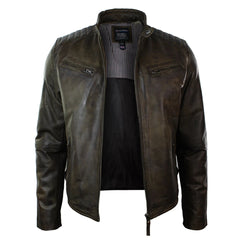 Mens Slim Fit Retro Style Zipped Biker Jacket Real Washed Leather Brown Urban-TruClothing