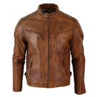 Mens Slim Fit Retro Style Zipped Biker Jacket Real Washed Leather Tan Brown Blue Urban-TruClothing