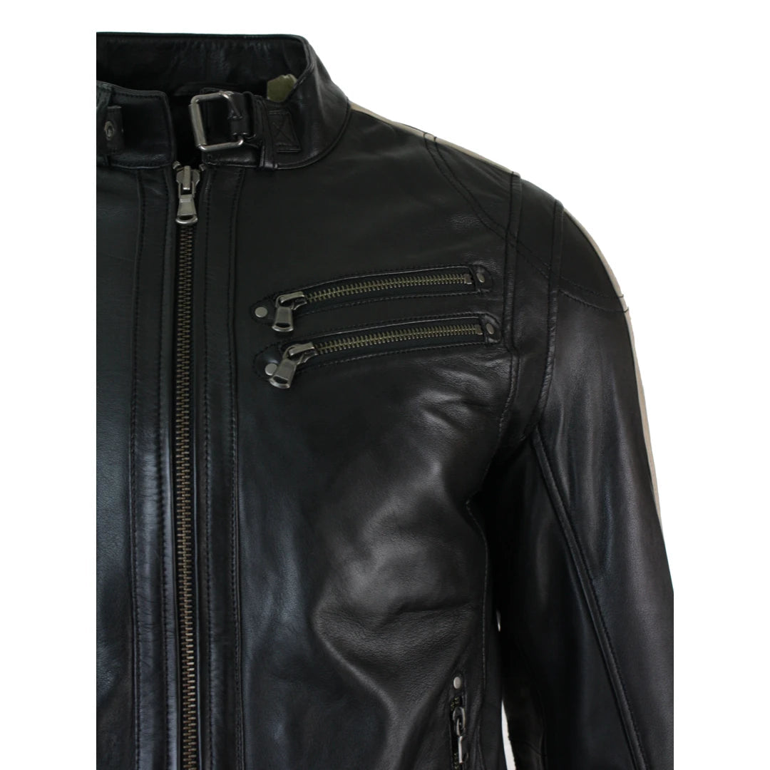 Mens Slim Fit Short Real Leather Biker Racing Jacket Stripes Sleeves Zipped-TruClothing