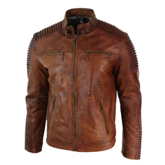 Mens Slim Fit Tan Brown Washed Vintage Real Leather Jacket Zipped Casual-TruClothing