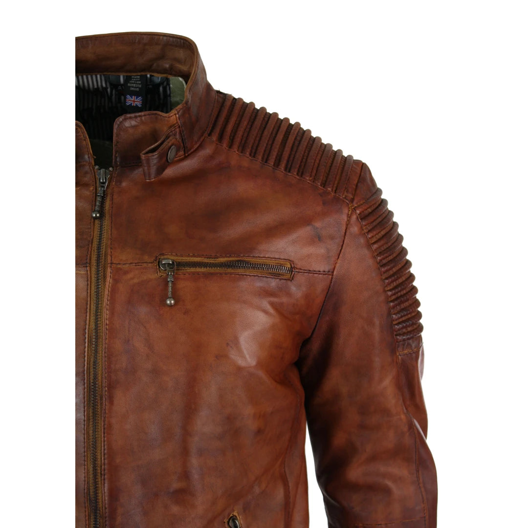Mens Slim Fit Tan Brown Washed Vintage Real Leather Jacket Zipped Casual-TruClothing