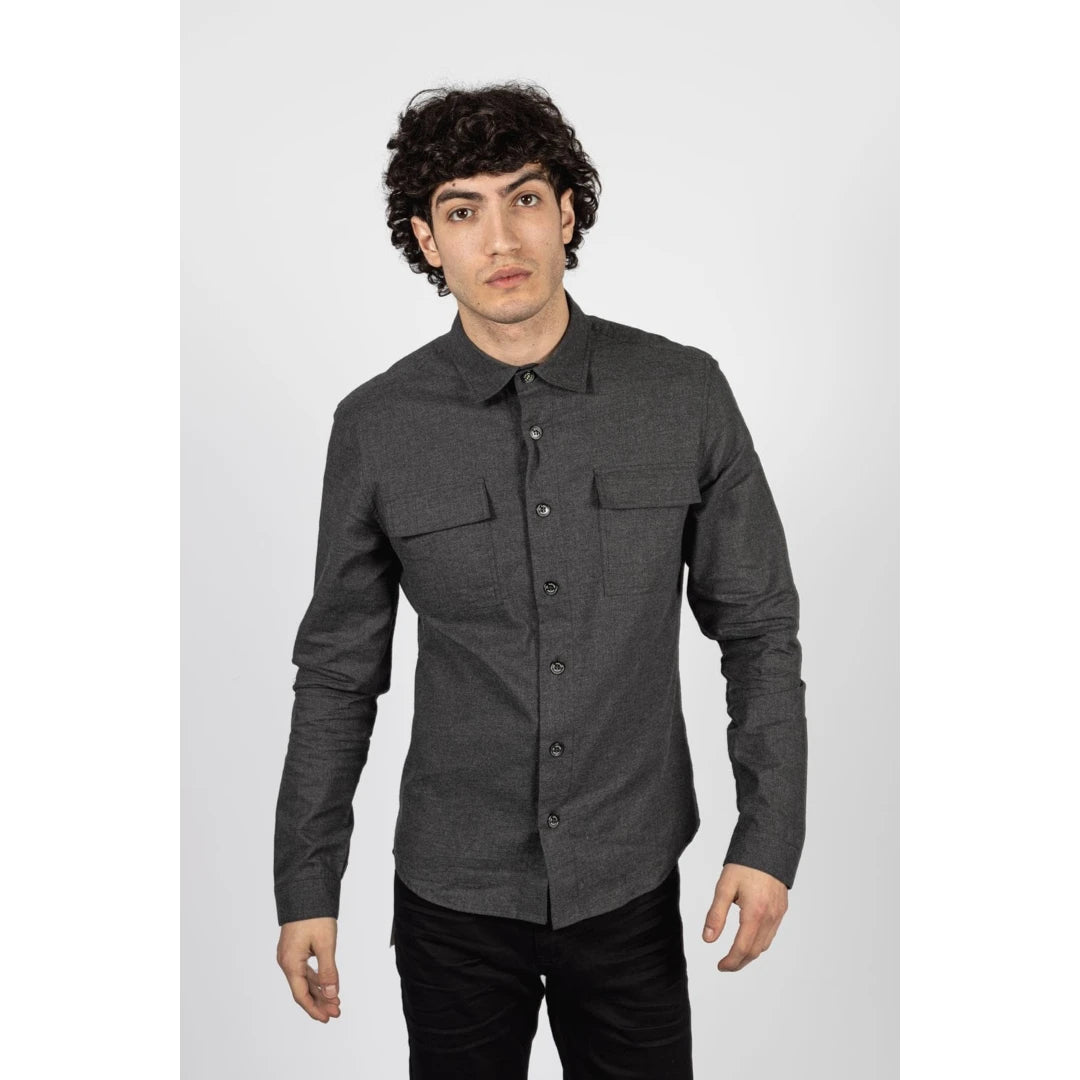 Mens Smart Casual Over Shirt Grey Navy Relaxed Fit Classic Button Down Pockets-TruClothing