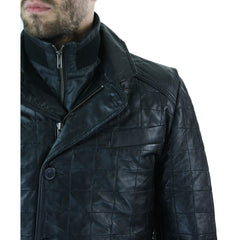 Mens Smart Casual Real Leather Blazer Quilted Black Jacket Coat s-3xl-TruClothing