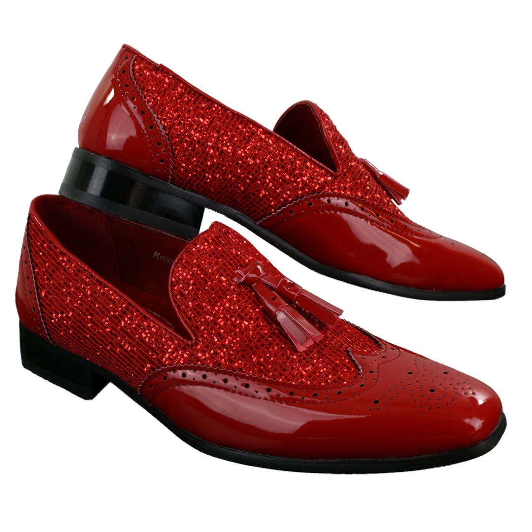Mens Smart Party Shiny Tassle Shoes Red Silver Black Slip On Patent Leather-TruClothing
