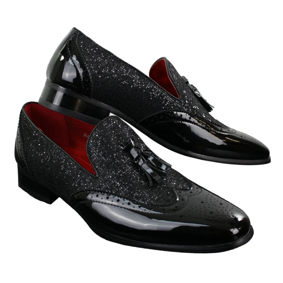 Mens Smart Party Shiny Tassle Shoes Red Silver Black Slip On Patent Leather-TruClothing