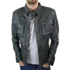 Mens Stud Shirt Real Leather Jacket Tan Grey Black Vintage Skinny Slim Fit Retro-TruClothing